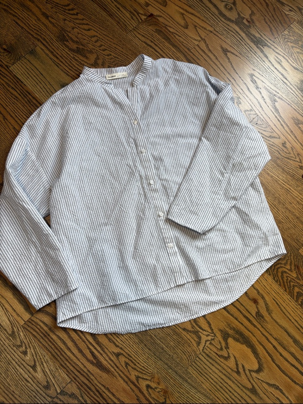 Pull&Bear Women’s Oversized Blue and White Striped Button-Down Shirt, S